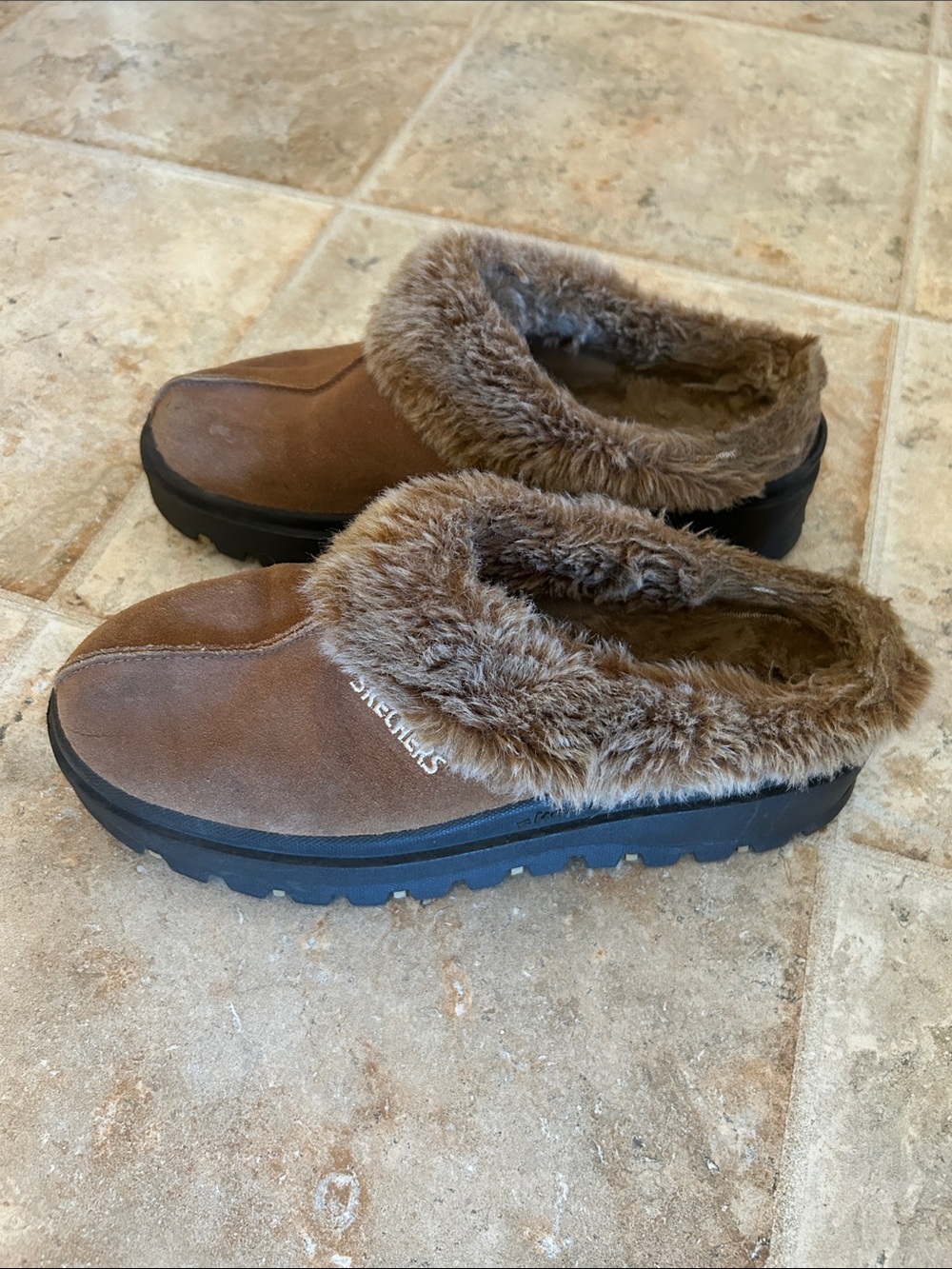 Skechers Tan Faux-Fur Slip-On Clog Mules with Black Lug Sole